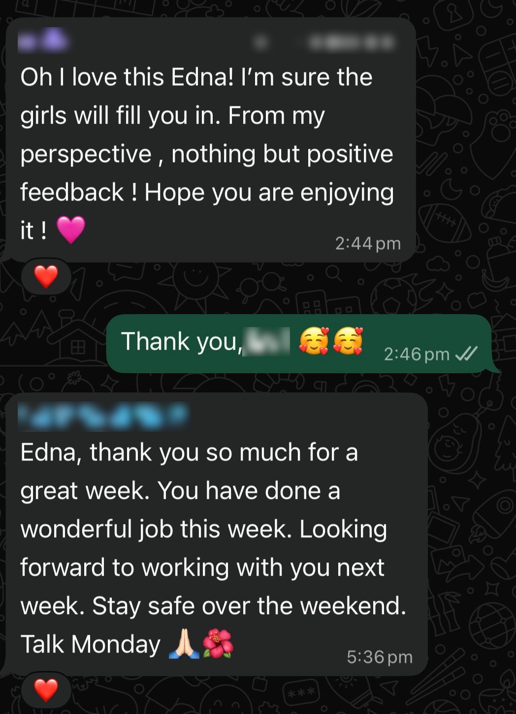 WhatsApp messages from two clients about their EA Edna: nothing but positive feedback, and thank you so much for a great week, you have done a wonderful job.